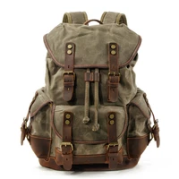 mens leather backpack for men mochila hombre high capacity waxed canvas vintage backpack for school hiking travel rucksack