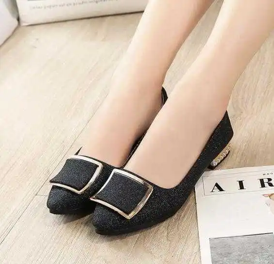 

Women Flats Cool Golden Buckle Flat Shoes Women Loafers Ballet Flats Bling Black Shoes Casual Pointed Toe Slipon N189