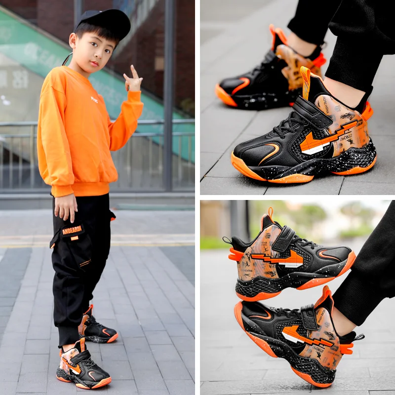 

Kid's Breathable Basketball Shoes Leather Sport Sneakers Boys Brand Fashion Non-slip Outdoor Sneakers Lace-up Jord Tenis Child