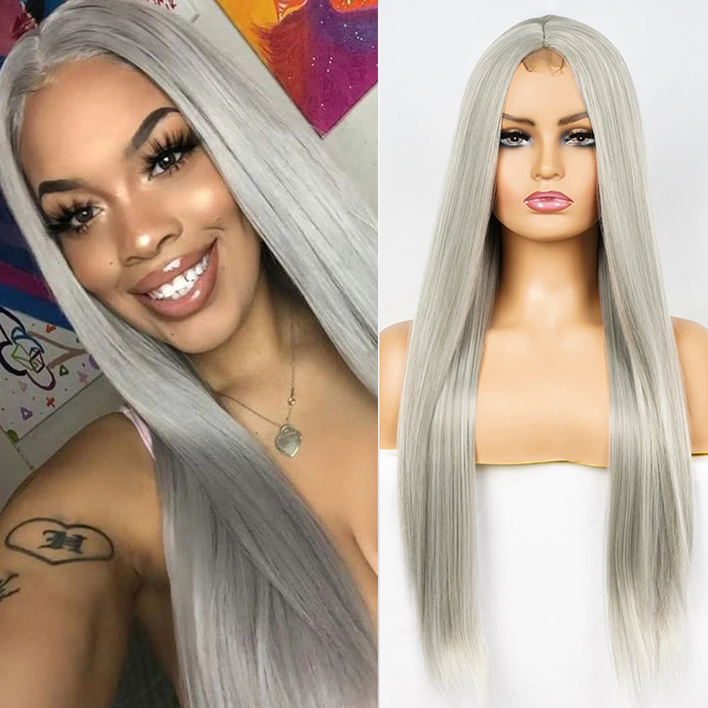 

Long Silk Straight Silver Gray Synthetic Wig Natural Middle Part Hair Cosplay Wig 613/Brown Wigs for Women Heat Resistant Fiber