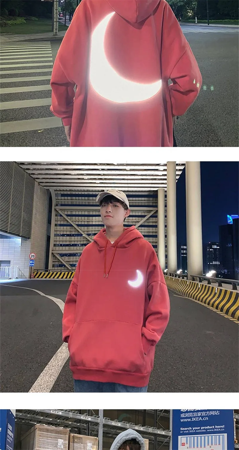 Moon Reflective Hoodies Loose Men's Sweatshirt Orange Autumn Winter Sweatshirts Men Streetwear Cool Japan Hoodies Funny Male