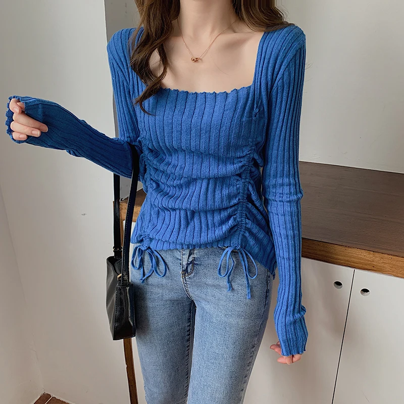 

New 2020 Autumn Winter Women's Sweaters Pullover Square Collar Drawstring Sexy Minimalist Slim Solid Colors Elegant Ladies Tops