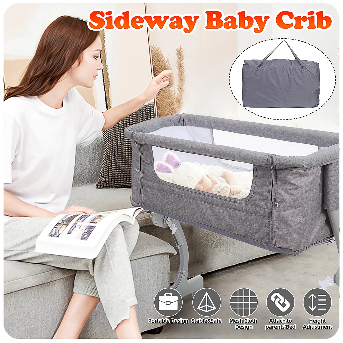 

Baby Crib Cradle Newborn Movable Portable Nest Crib Baby Travel Bed Game Stitching Sleeping Bed Heights Adjustable With Wheels