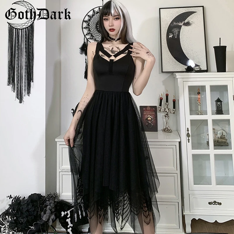 Goth Dark Сетчатое готическое панк Черное женское Макси платье Mall винтажное