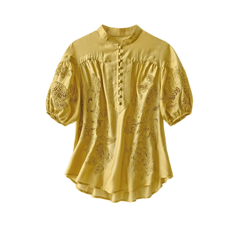 

SHUCHAN Tencel/Lyocell Embroidery Hollow Out Loose Shirt Women Summer Thin Chinese Style Puff Sleeve Feminine Clothes