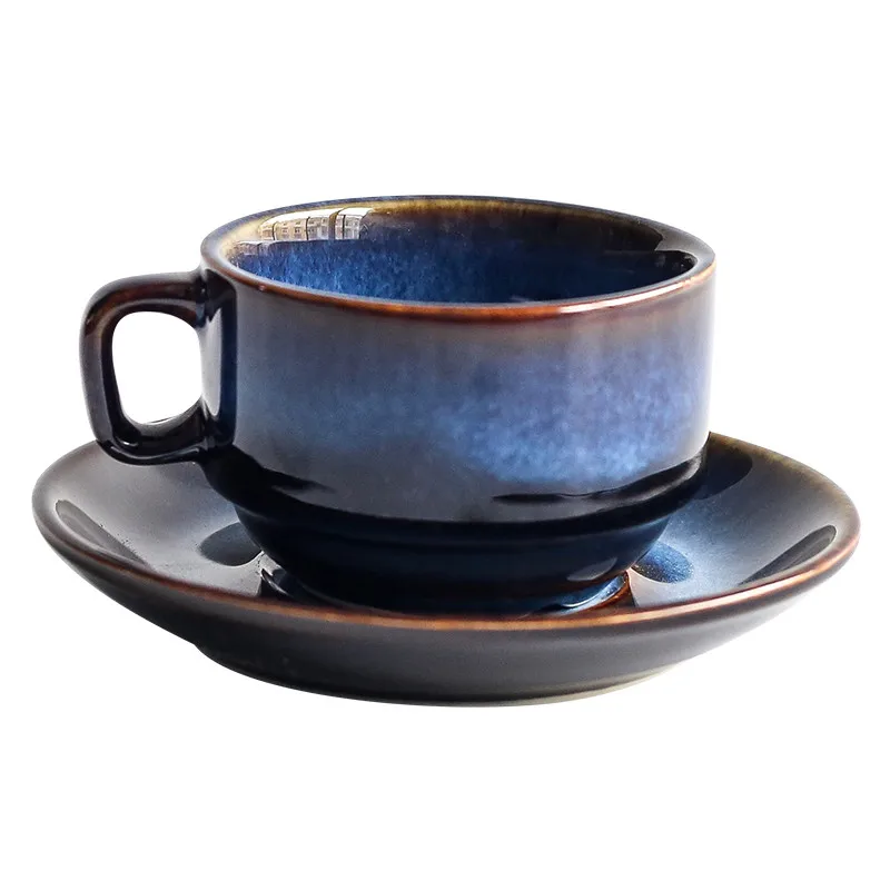 

Ceramic Coffee Cup with Saucer Set Porcelain Afternoon Teacup Japanese Style Simple Retro Blue Espresso Breakfast Mug Drinkware