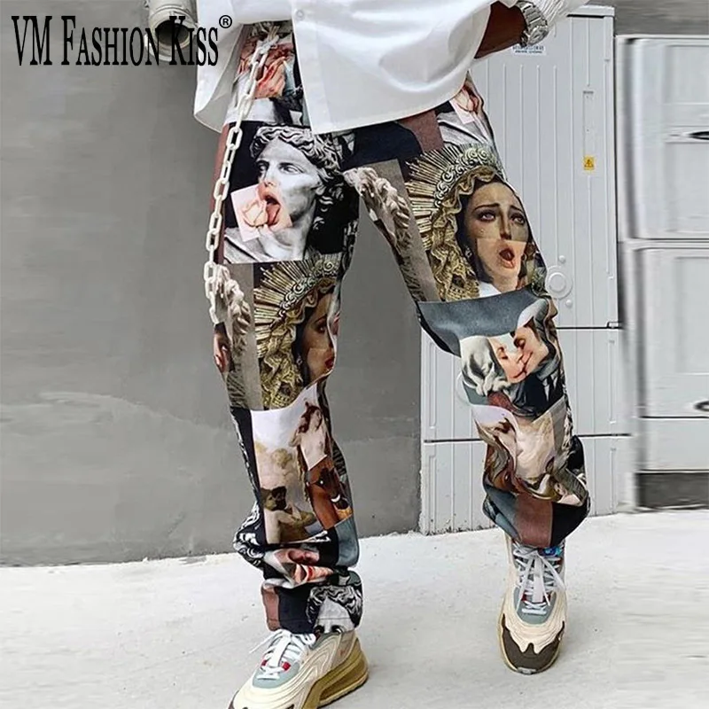 

VM FASHION KISS Men Full Length Pants Men Pants Spring/Autumn Streetwear Printed Pants Straight Loose Mid Waist Casual Trousers