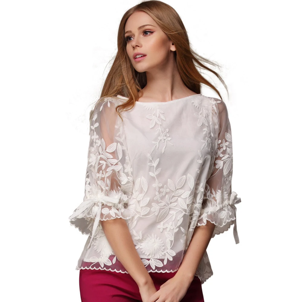 

Женская шифоновая блузка, с круглым вырезом и коротким рукавом, кружевная блузка с цветочной вышивкой, белого цвета, FS0518, весна-лето