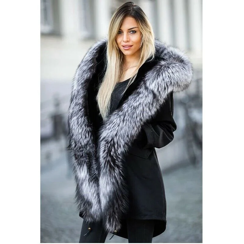 Long Fur Parkas with Silver Fox Fur Long Collar Women Trendy Fur Overcoat Luxury Genuine Silver Fox Fur Parka Female Outwear
