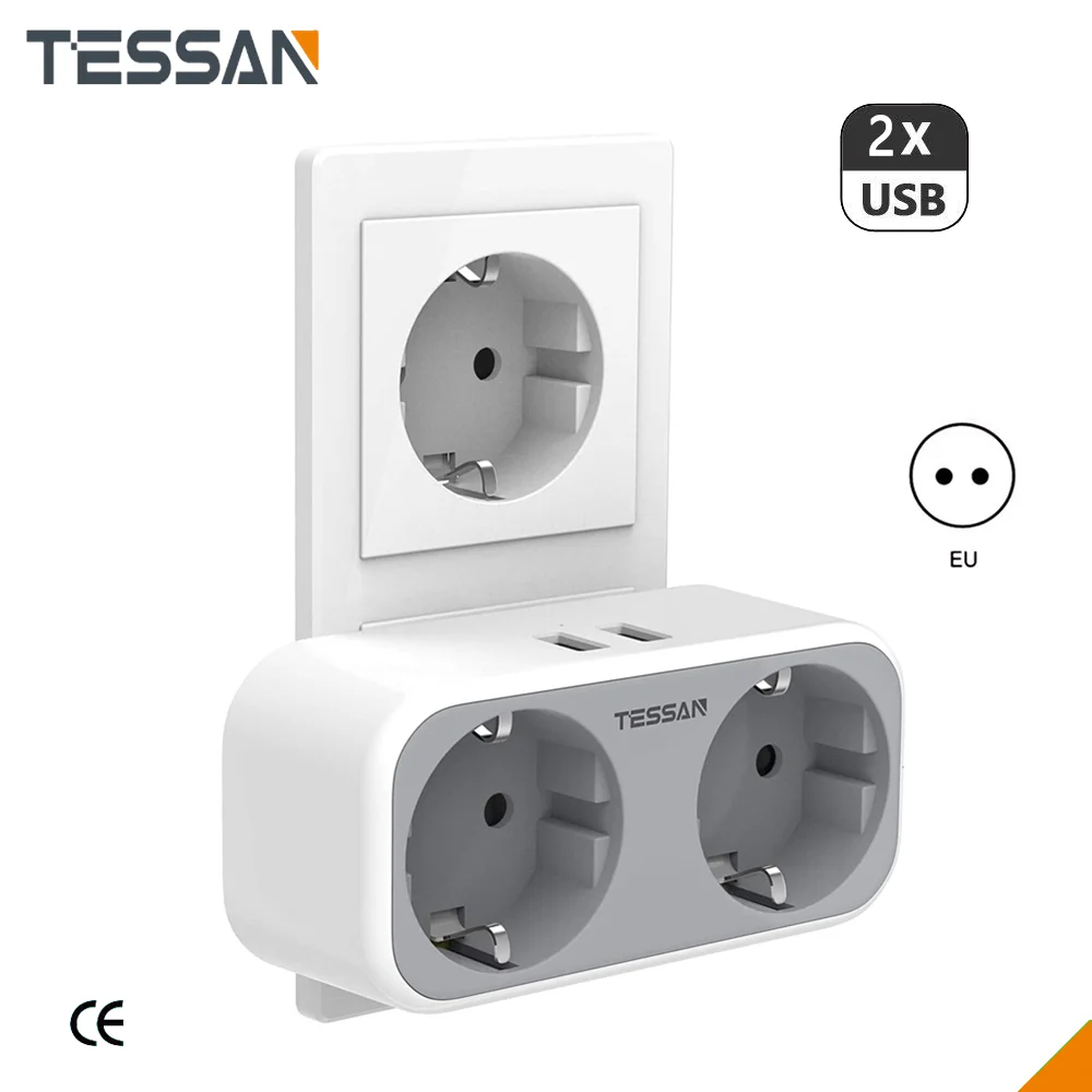 

TESSAN Smart Plug Power Adapter with 2 USB Ports 2 EU Outlets for Home Wall Socket Portable Power Strip