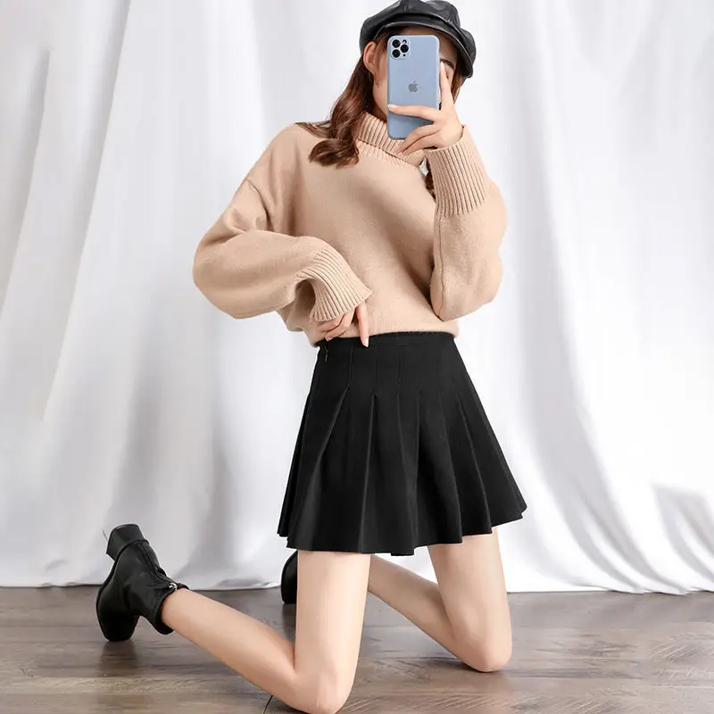 

2021 Autumn Winter Woman Skirts Half-length A-Line Solid Color Preppy Style High Waist New Fashion Cute School Uniforms D205