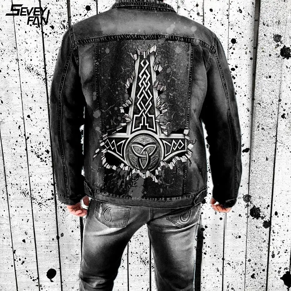 Джинсовая куртка в стиле викингов для мужчин черная модная Облегающая джинсовая