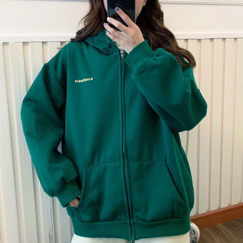 

Thin zipper sweater women loose printed cardigan jacket pocket hooded hoodie women solid color casual outdoor sports jacket