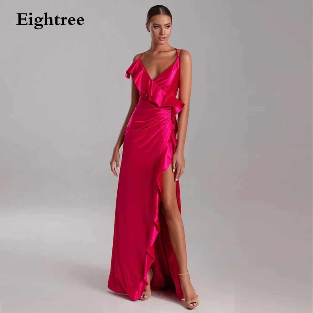 

Eightree 2021 Plum Red Satin Long Party Dress With Ruffle High Slit Deep V Neck Spaghetti Straps Beach Party Dress