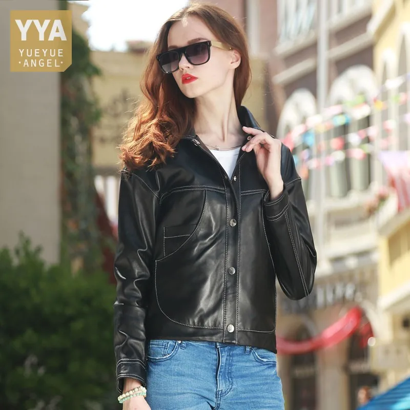 Women Genuine Leather Motorcycle Short Jacket Autumn Design Pocket Asymmetrical Sheepskin Coat Street Female Casual Cargo Jacket