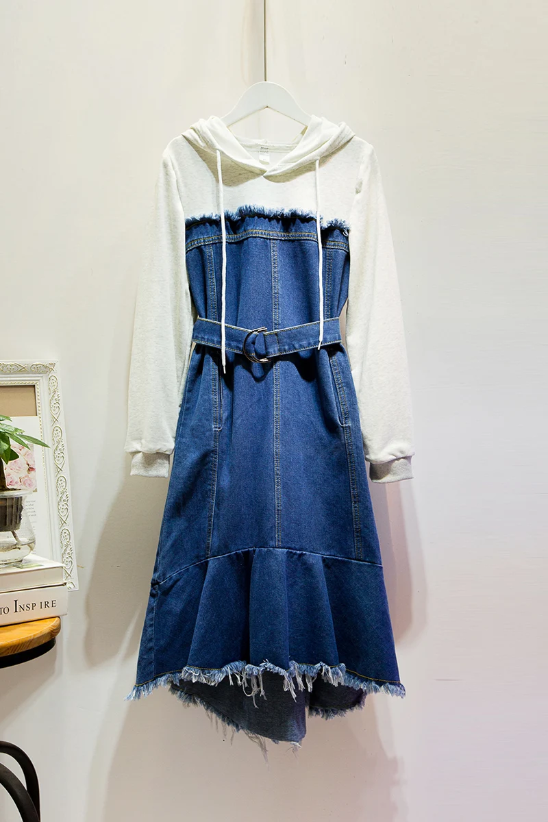 

Fashion mid long hooded stitched denim dress A543