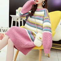 autumn new mid length colorful striped casual women knit pullovers dress loose oversized lantern sleeve female warm knitted tops