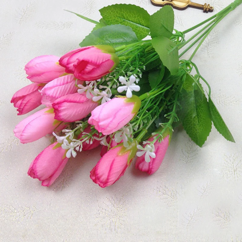 

15 Silk Tulips Bouquet Green Leaves For Home Decoration