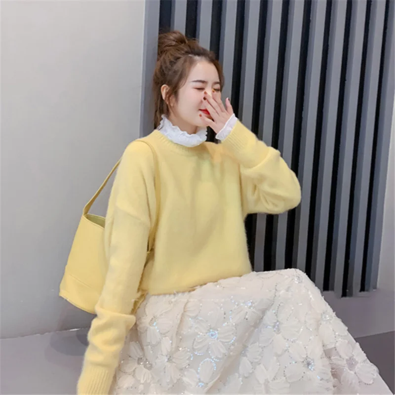 

Women Solid Color Sweater Knitted Pullover Long Sleeve O Neck Slim Jumper Autumn Winter Soft Warm Clothes