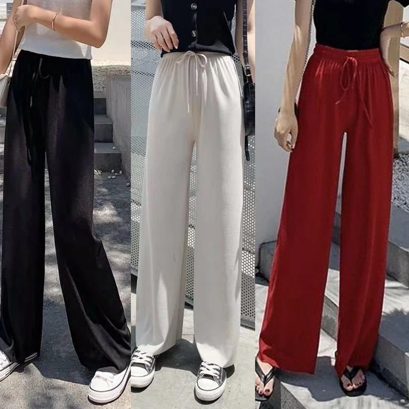 

Nice Fashion Wide Leg Pants Women Summer Autumn Casual Solid High Elastic Waist Long Loose Trouser Drawstring Femme Pant Elegant