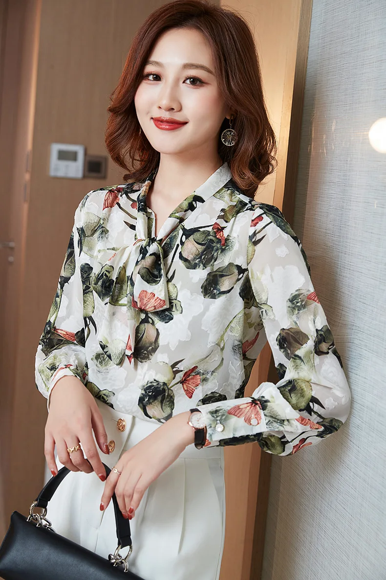 

Early spring chiffon shirt women's 2021 new bow tie long sleeve top fashion temperament print gentle blouse