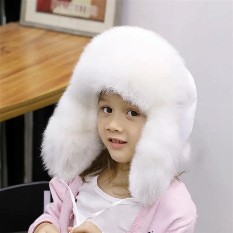 

New Boys and Girls Warm Winter Real Fox Fur Hats with Earflap Ear Protection Children Outdoor Lei Feng Hat R9