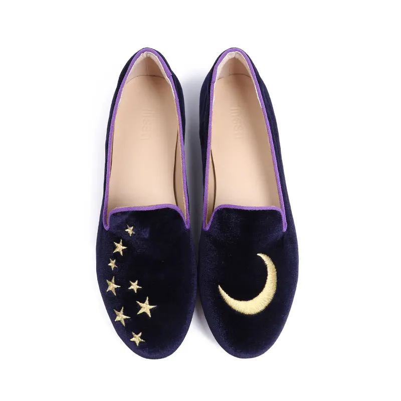 Navy Blue Star Moon Слипоны; женские большие Размеры Kawaii Для женщин 10 Женская китайская обувь с вышивкой 41 вышивка 33 Китай Темно-синие Туфли без каблуков; Лоферы бархат - Цвет: Navy Blue Star Moon