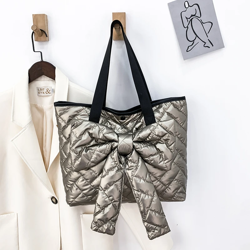 Winter Luxury Designer Women Down Cotton Space Bag High Quality Casual Handbag Big Bow Geometric Patterns Female Shoulder Bag