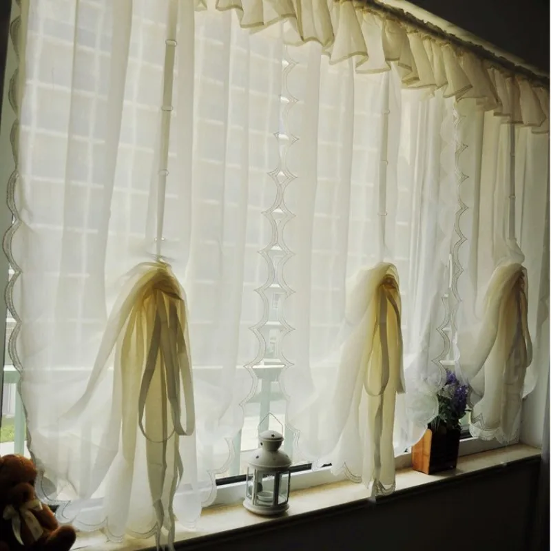 

Classic pastoral ruffle flouncing yarn tulle kitchen curtains for living room bedroom drapes waterfall drawstring 120*200/250cm