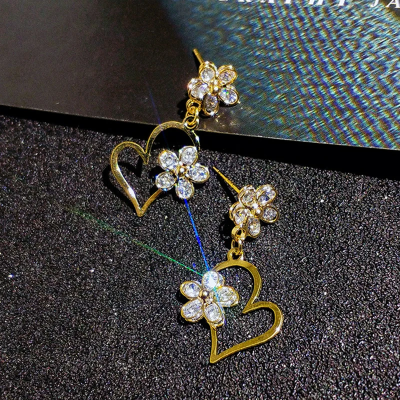 

Trendy Fine 14K Real Gold Heart Shaped Flowers Drop Earrings for Women Temperament Jewelry S925 Silver Needle Shiny AAA Zircon