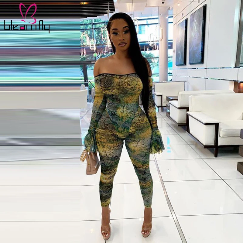 2019 сексуальный женский комбинезон со змеиным принтом расклешенный боди с