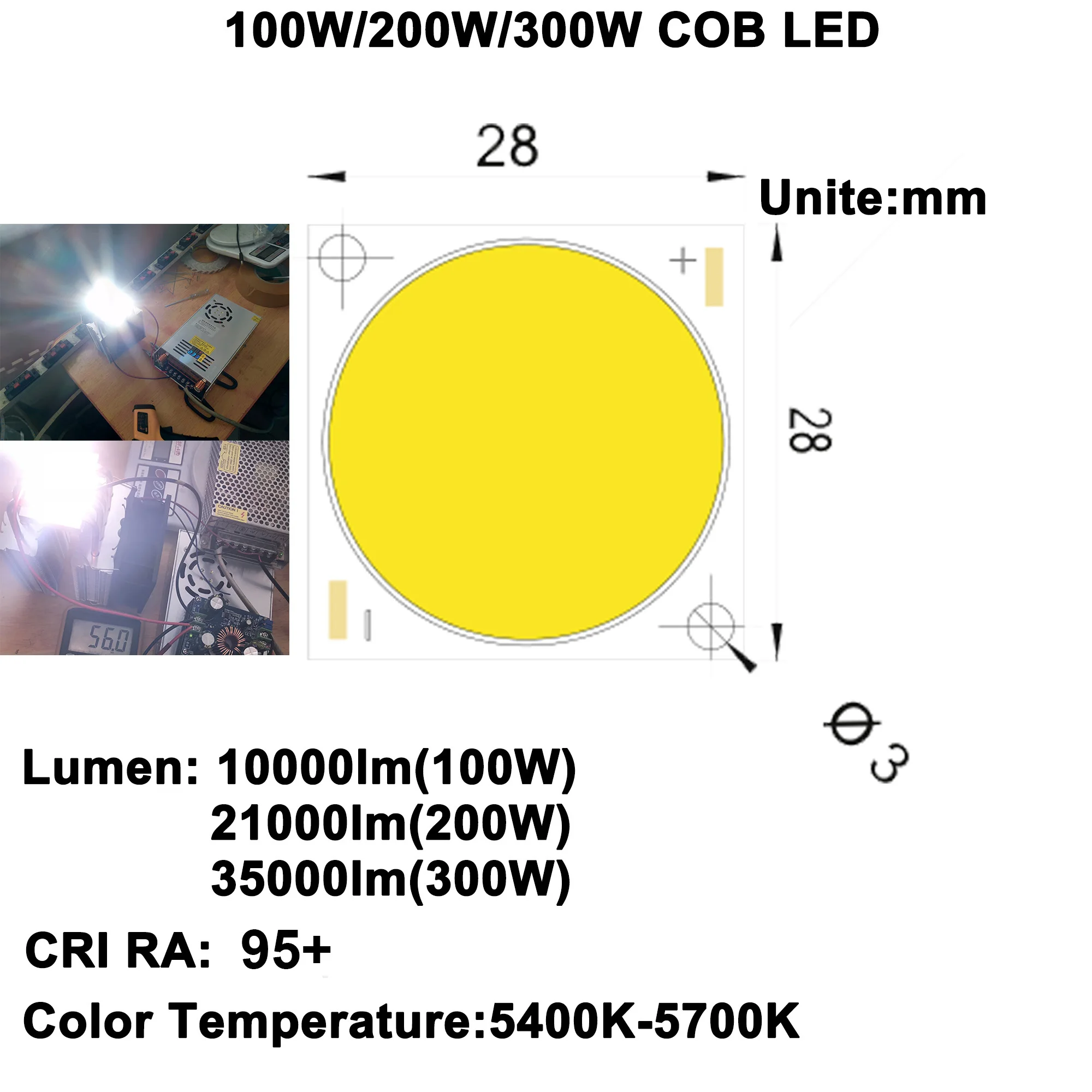 

DIY LED U-HOME High CRI RA 95+ Ultra Brightness 100W/200W/300W COB LED Daylight White 5600K for DIY Flashlight/DIY Projector