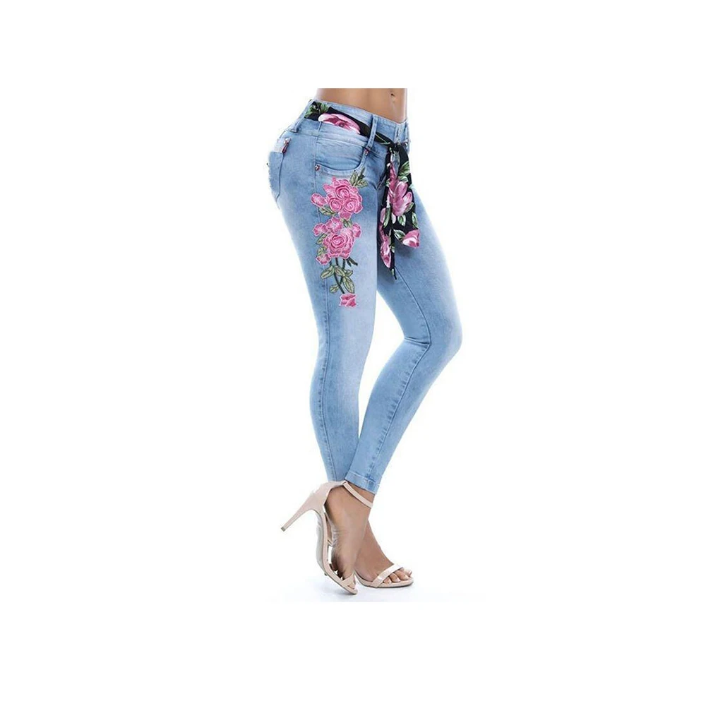 

Women's Jeans Sexy Skinny Stretch Pants Floral Embroidery Pencil Denim Trousers Casual High Waist Jeans Femme Plus Size New