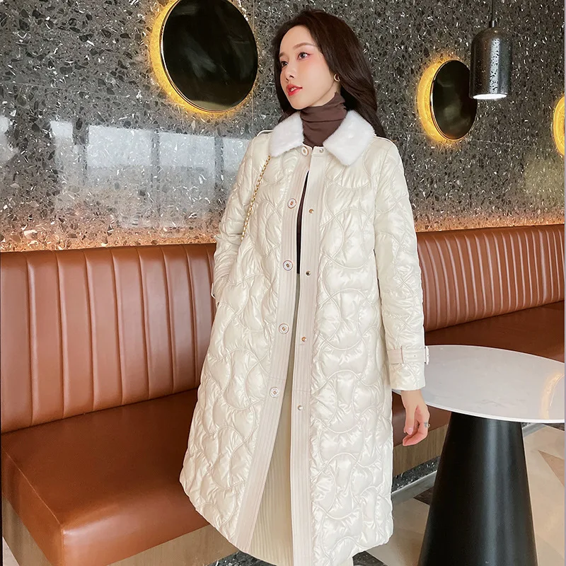

High Quality Mink Collar Lapel Leather Stitching All-match Morandi Color Cloud Pattern Winter Long Goose Down Thick Jacket Women