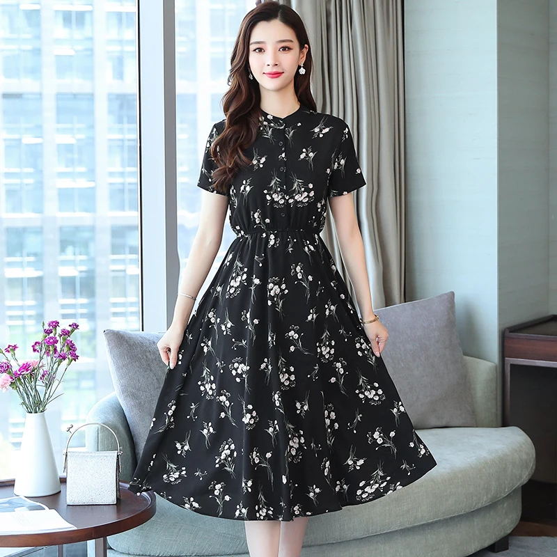 

summer The New Temperament printing Chiffon Dress 2021 black Korean style O Neck Women's fashion Dress