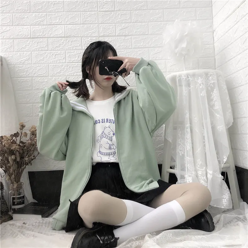 Green hoodies Зима Kawaii милые девушки негабаритных балахон мягкая сестра матросский воротник толстовка женская японская верхняя одежда на молнии пальто черный синий - Цвет: Green hoodies