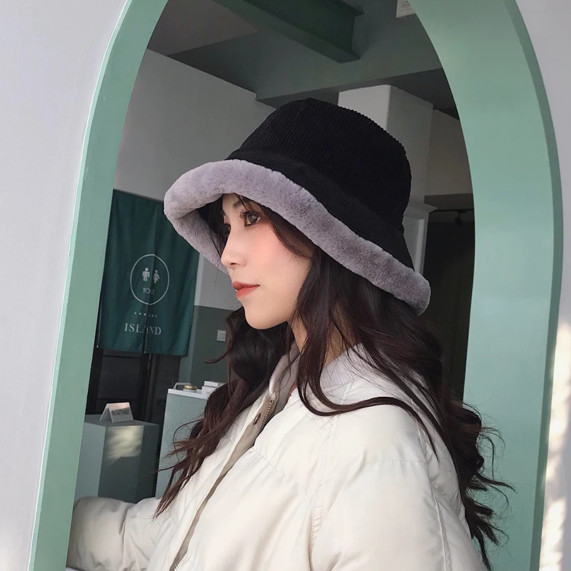 Женская Вельветовая Панама с полями теплая однотонная плотная модная для зимы