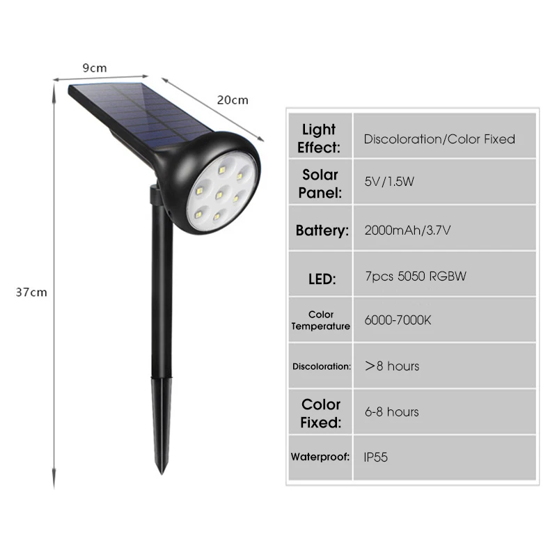 

7 LED Outdoor Solar Spotlights 200 Adjustable Rechargeable Waterproof Garden Courtyard Lights Color Changing Lights