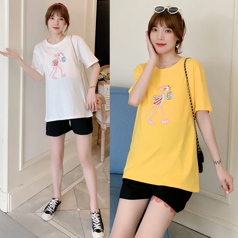 

6976# Summer Thin Cartoon Cotton Maternity Tees + Belly Shorts Sets Clothes for Pregnant Women Casual Pregnancy Tops Suits