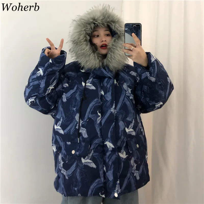 Woherb Harajuku куртки зимняя женская стеганая парка винтажный кран печати свободная японская стеганая куртка с капюшоном Femme Chaqueta Mujer