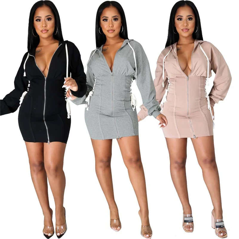 

Solid Color Hooded Dress Women Zipper Long Sleeve High Waist Lace Up Slim Bodycon Mini Casual Sweatshirts Dresses Coat Vestidos