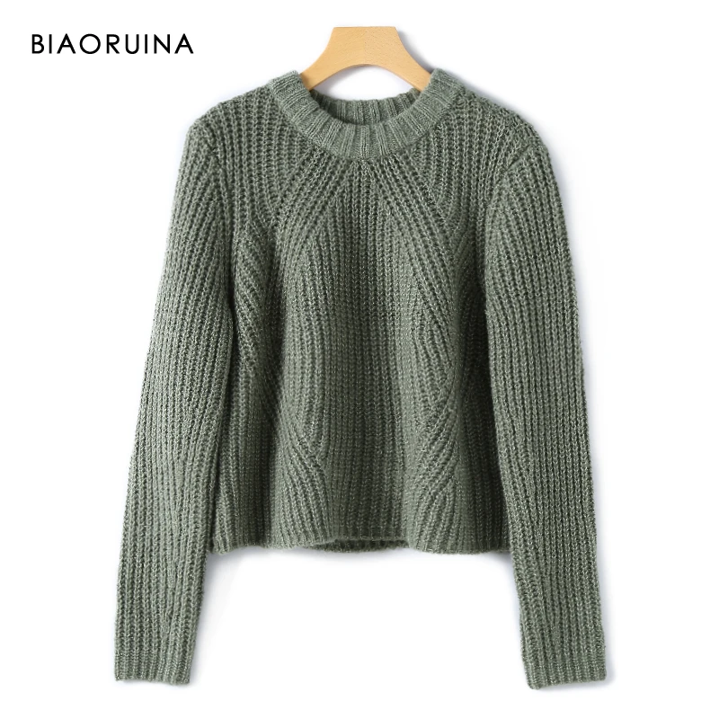 BIAORUINA 3 Colors Women's Solid Thick Needle Knitted O-neck Short Sweater Autumn Winter Female Casual Fashion Loose Pullovers | Женская