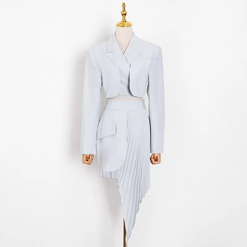 Two Piece Set Women Crop Blazer+Asymmetrical High Waist Pleated Midi Skirt enlarge