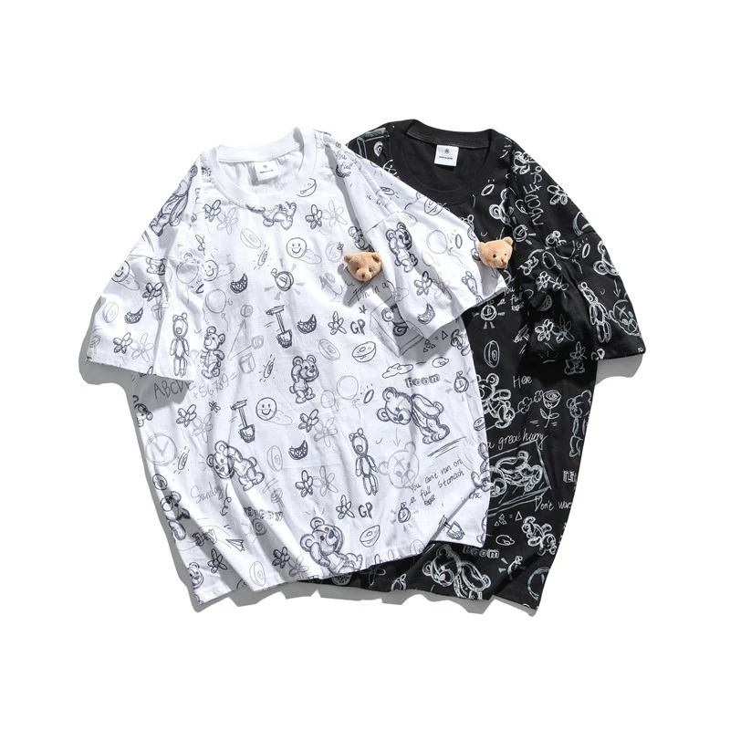 

Japanese Harajuku Streetwear Bear Appliques Graffiti T Shirt for Women and Men Cute Girls Unique Short Sleeve Cotton T-Shirt
