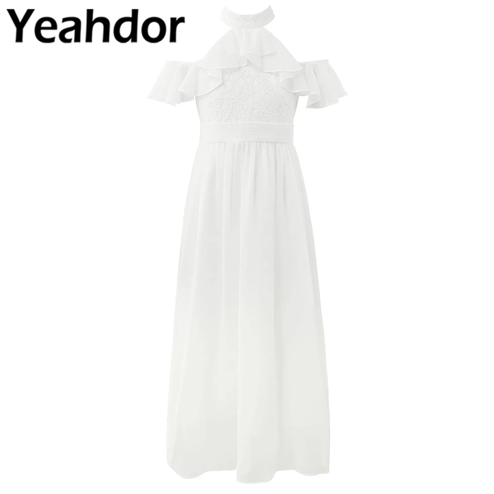 

White Flower Girls Dress Kids Dresses for Girls Childrens Chiffon Lace Floral Pleated Dress Wedding Party First Communion Dress