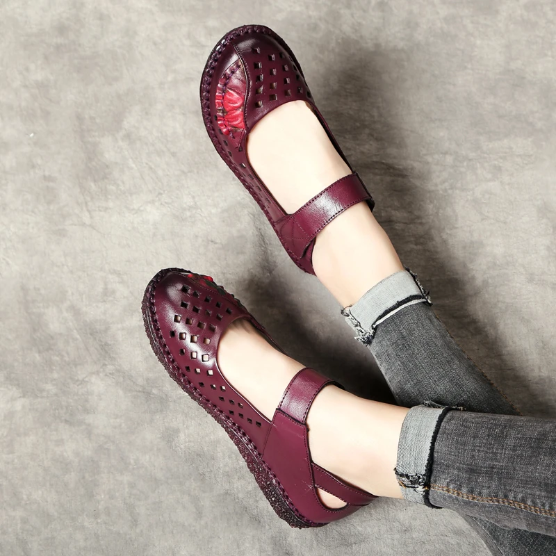 

CEYANEAO New Handmade Genuine Leather Women Flats Summer Breathable Hollow Out Soft Bottom Mother Shoes Ladies Casual Shoes