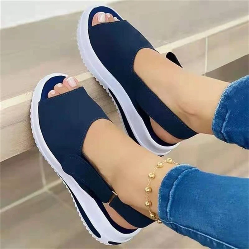 2021 Women Flat Sandals Summer Peep Toe New Female Wedges Shoes Solid Color Buckle Strap Casual Women's Sandals Plus Size