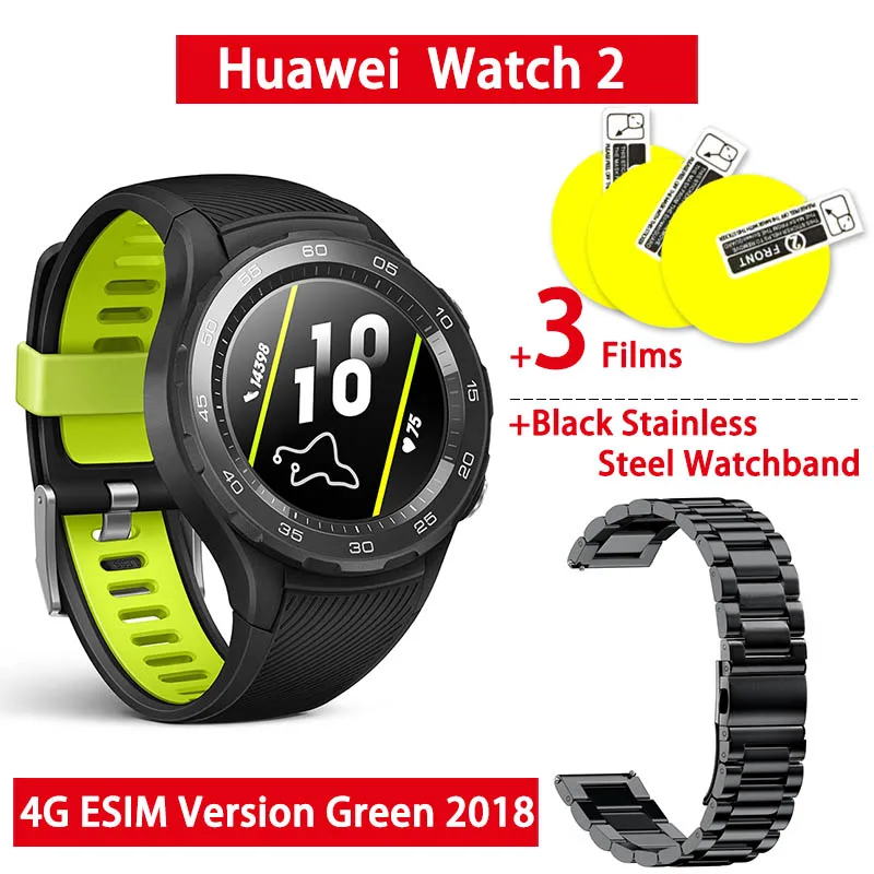 ESIM Green strap Bla Оригинальные Смарт-часы huawei с глобальной прошивкой, 2, поддержка bluetooth, LTE, трекер HeartRate, для Android, iOS, IP68, водонепроницаемые, NFC, gps - Цвет: ESIM Green strap Bla