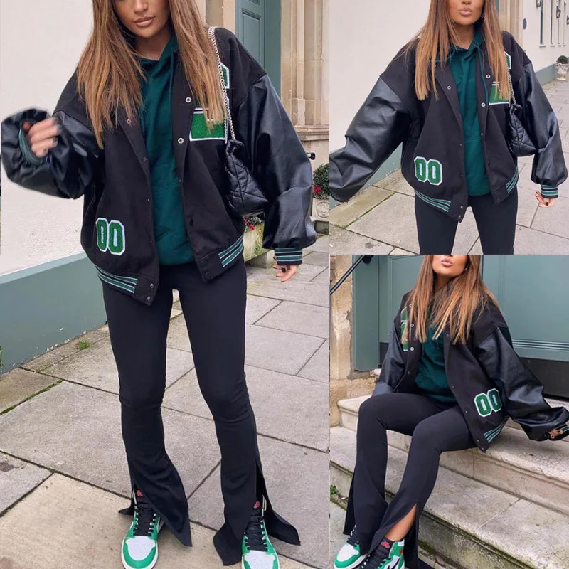 

Женская бейсбольная форма, уличная свободная осенне-зимняя флисовая куртка с буквенной вышивкой и воротником-стойкой в стиле хип-хоп, кожан...