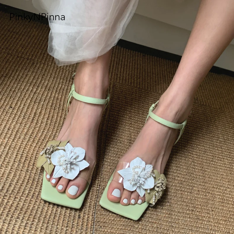 2021 summer hot bohemian tropical style stiletto heels genuine leather sandals camellia ankle strap floral party dress shoes